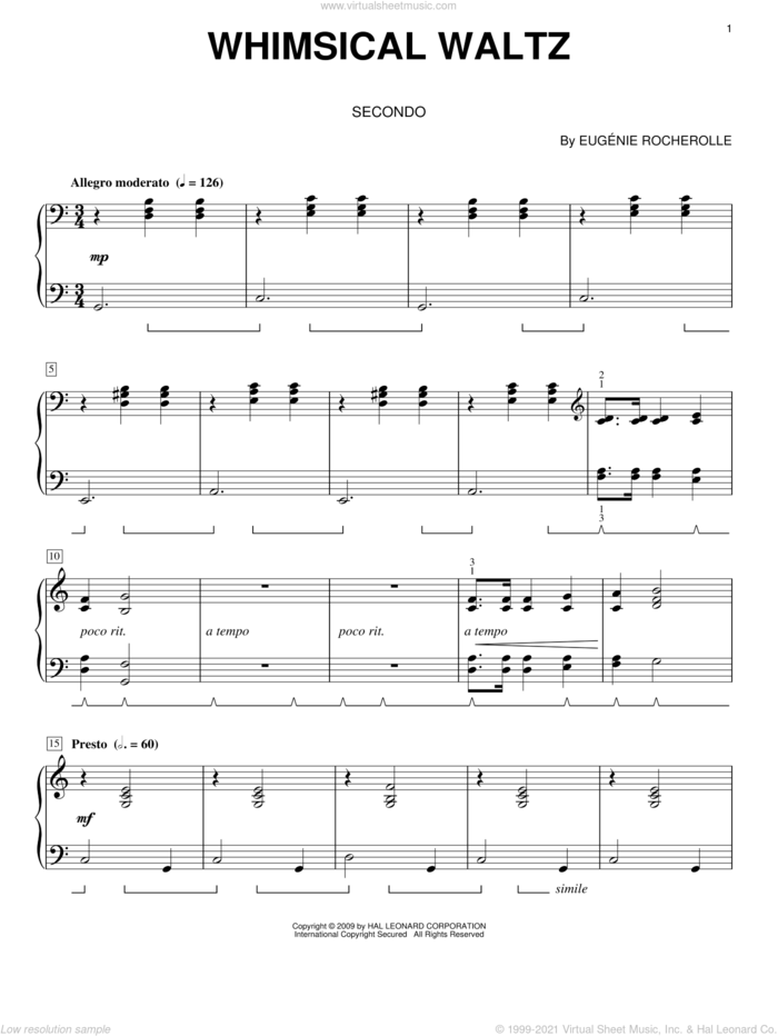 Whimsical Waltz sheet music for piano four hands by Eugenie Rocherolle, intermediate skill level
