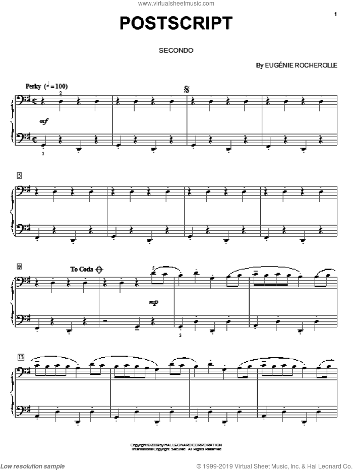 Postscript sheet music for piano four hands by Eugenie Rocherolle, intermediate skill level