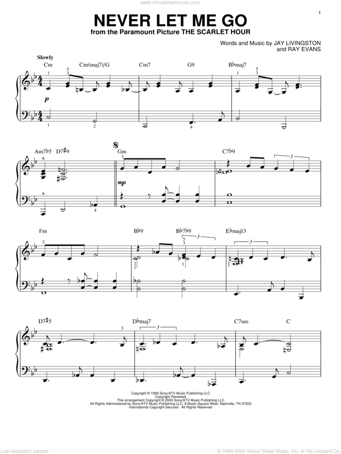 Never Let Me Go [Jazz version] (arr. Brent Edstrom) sheet music for piano solo by Dinah Washington, Jay Livingston and Ray Evans, intermediate skill level