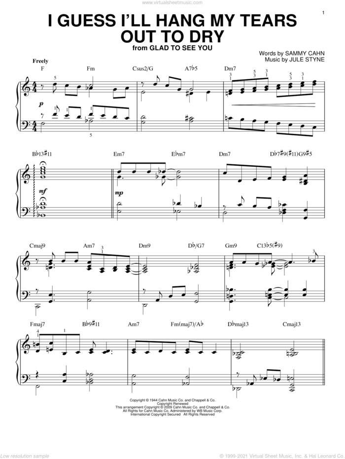 I Guess I'll Hang My Tears Out To Dry [Jazz version] (arr. Brent Edstrom) sheet music for piano solo by Dexter Gordon, Jule Styne and Sammy Cahn, intermediate skill level