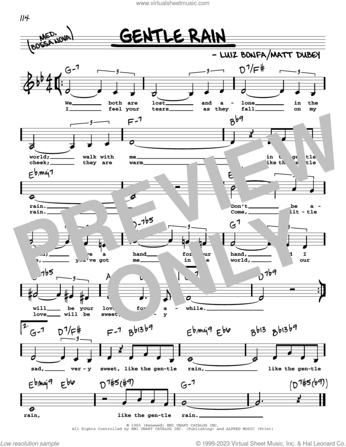 Gentle Rain (Low Voice) sheet music for voice and other instruments (low voice) by Luiz Bonfa and Matt Dubey, intermediate skill level