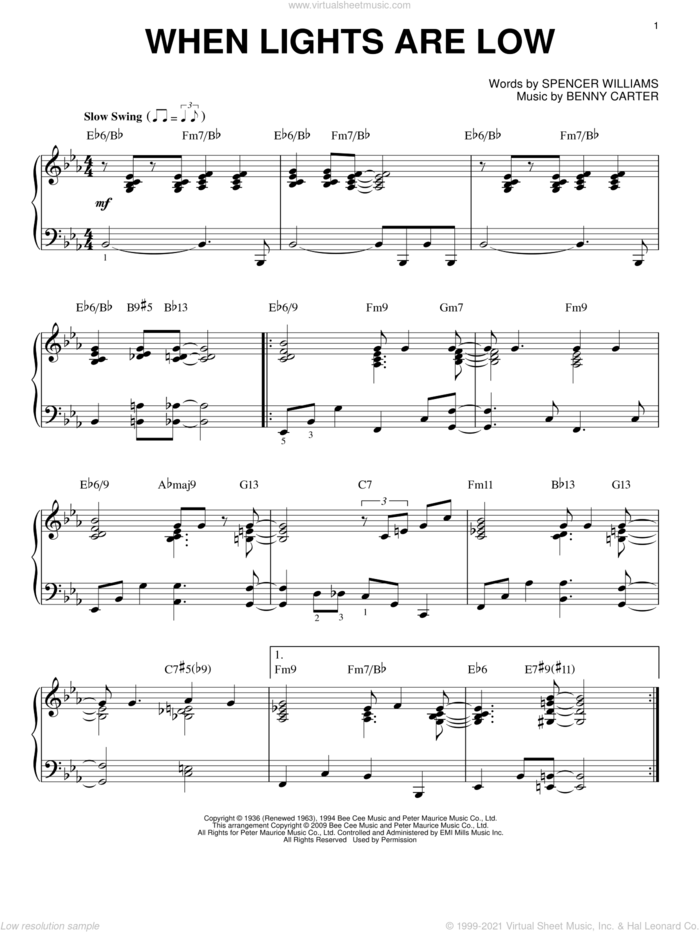 When Lights Are Low [Jazz version] (arr. Brent Edstrom) sheet music for piano solo by Benny Carter and Spencer Williams, intermediate skill level