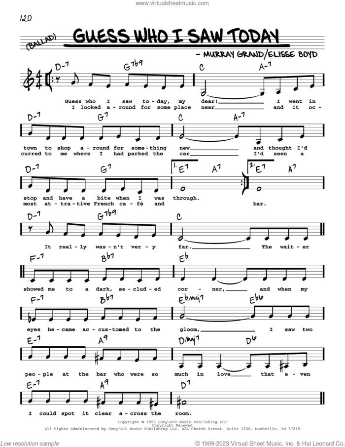 Guess Who I Saw Today (Low Voice) sheet music for voice and other instruments (low voice) by Murray Grand, Elisse Boyd and Murray Grand and Elisse Boyd, intermediate skill level