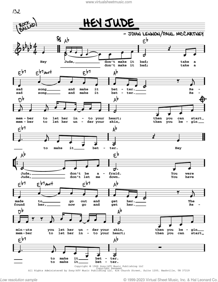 Hey Jude (Low Voice) sheet music for voice and other instruments (low voice) by The Beatles, John Lennon and Paul McCartney, intermediate skill level