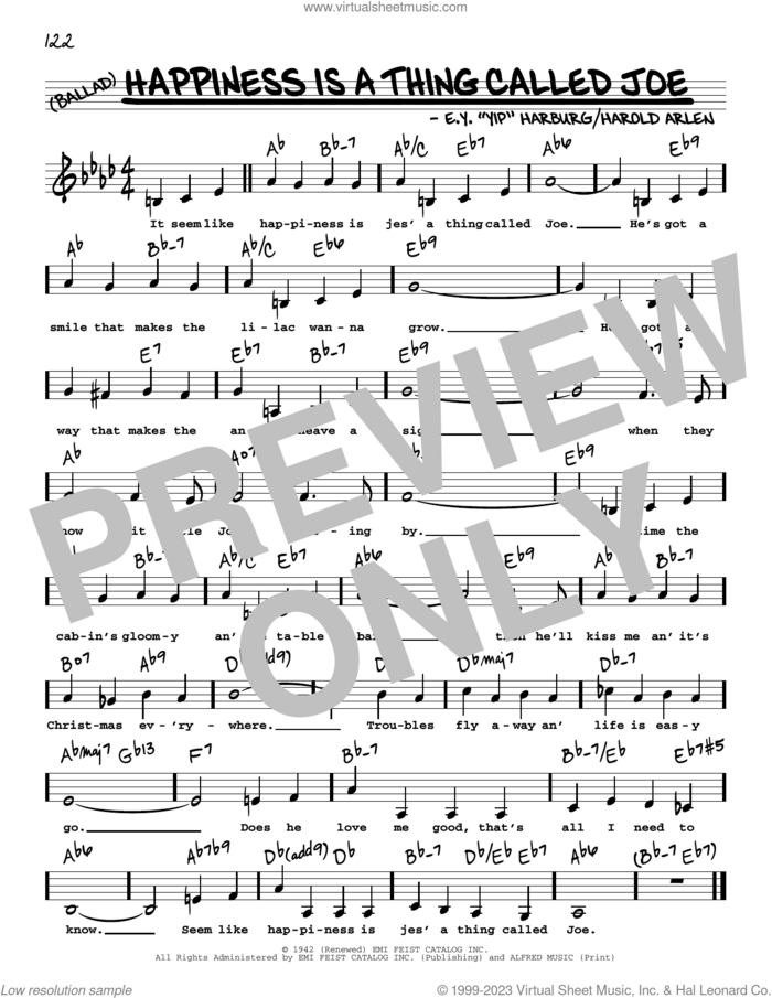 Happiness Is A Thing Called Joe (Low Voice) sheet music for voice and other instruments (low voice) by Harold Arlen and E.Y. Harburg, intermediate skill level
