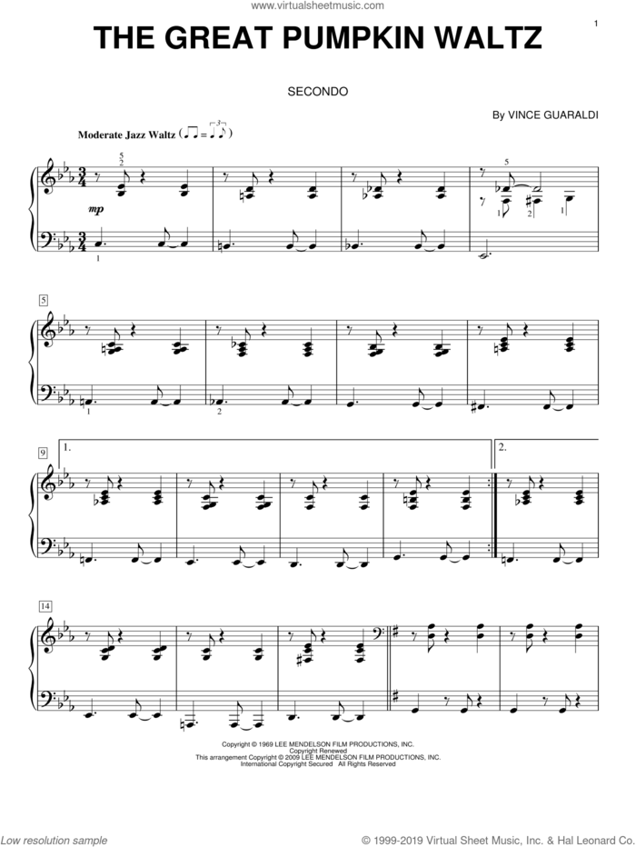 The Great Pumpkin Waltz sheet music for piano four hands by Vince Guaraldi, intermediate skill level