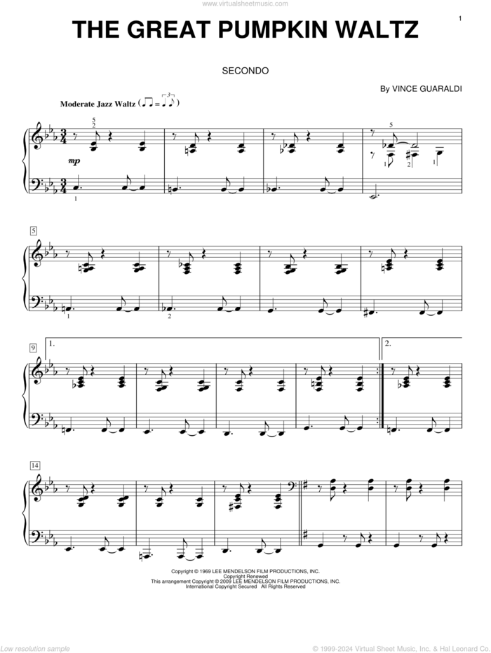 The Great Pumpkin Waltz sheet music for piano four hands by Vince Guaraldi, intermediate skill level