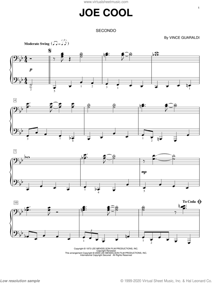 Joe Cool sheet music for piano four hands by Vince Guaraldi, intermediate skill level