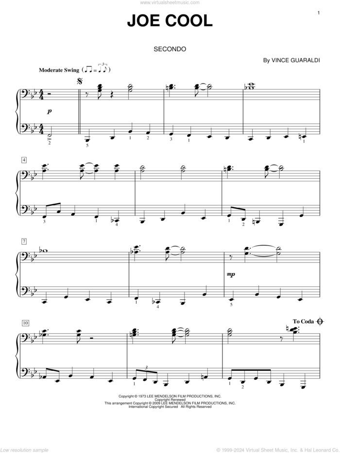 Joe Cool sheet music for piano four hands by Vince Guaraldi, intermediate skill level