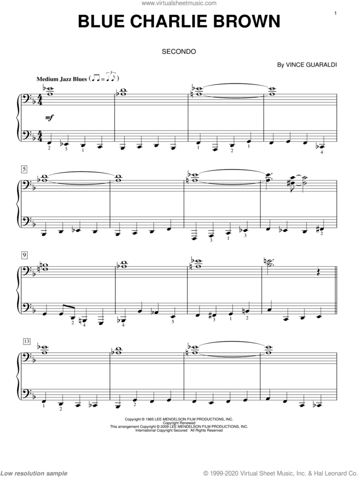 Blue Charlie Brown sheet music for piano four hands by Vince Guaraldi, intermediate skill level