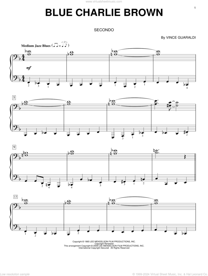 Blue Charlie Brown sheet music for piano four hands by Vince Guaraldi, intermediate skill level