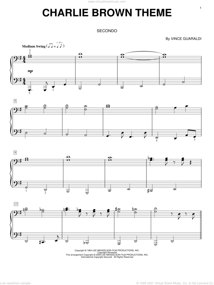 Charlie Brown Theme sheet music for piano four hands by Vince Guaraldi, intermediate skill level