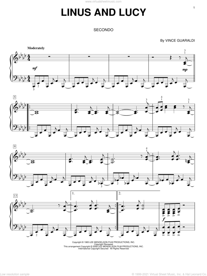 Linus And Lucy sheet music for piano four hands by Vince Guaraldi, intermediate skill level
