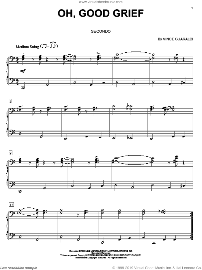 Oh, Good Grief sheet music for piano four hands by Vince Guaraldi, intermediate skill level