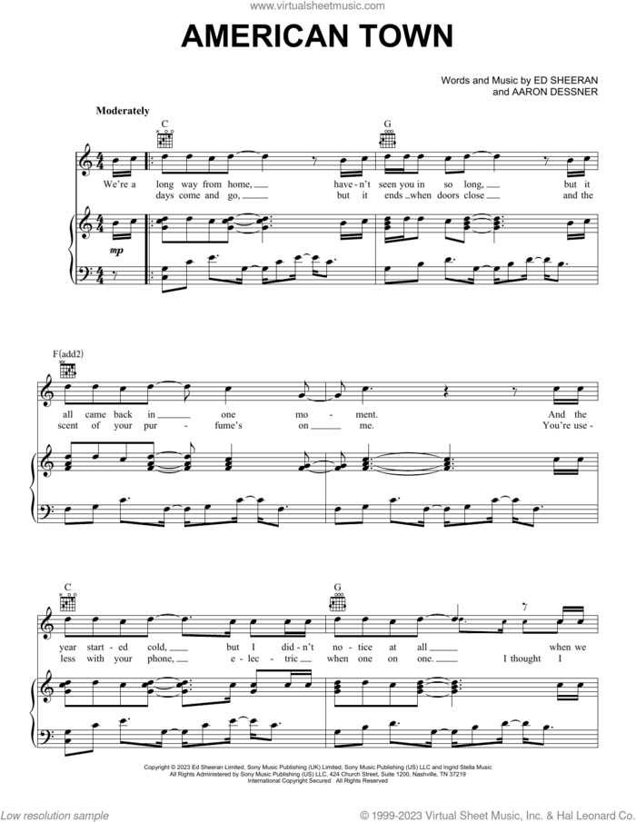 American Town sheet music for voice, piano or guitar by Ed Sheeran and Aaron Dessner, intermediate skill level
