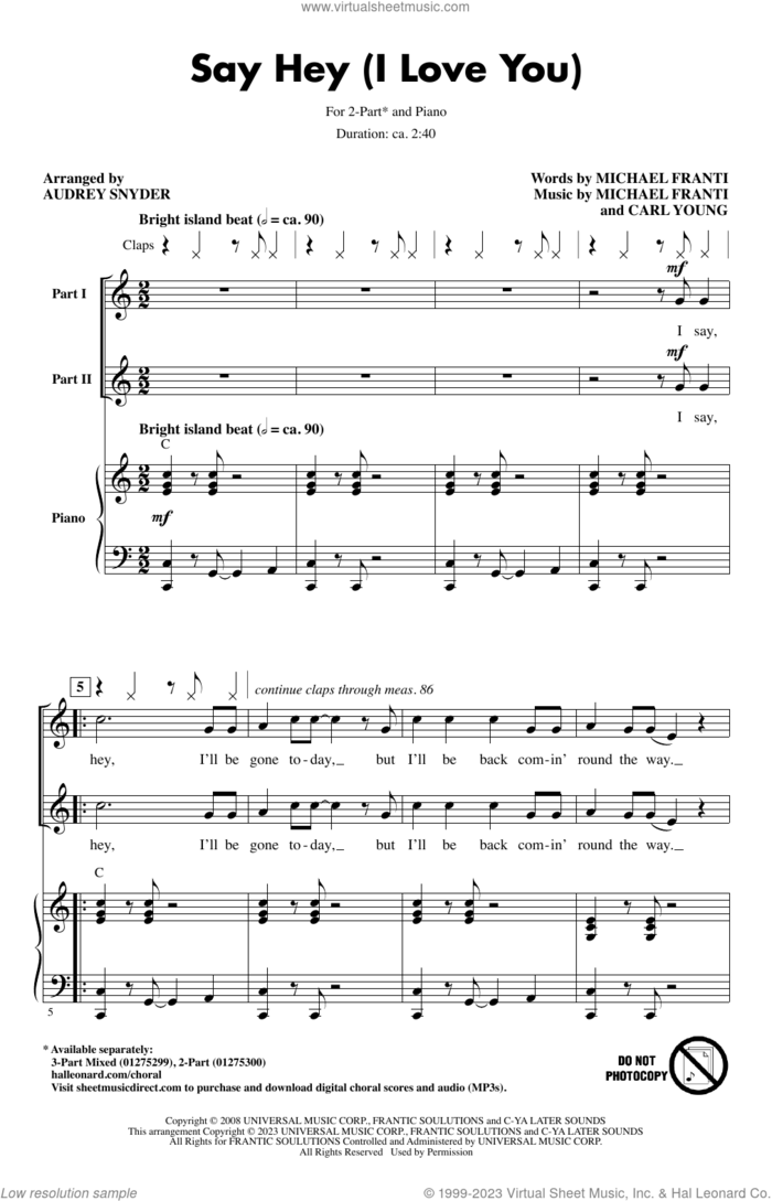 Say Hey (I Love You) (arr. Audrey Snyder) sheet music for choir (2-Part) by Michael Franti & Spearhead feat. Cherine Anderson, Audrey Snyder, Carl Young and Michael Franti, intermediate duet