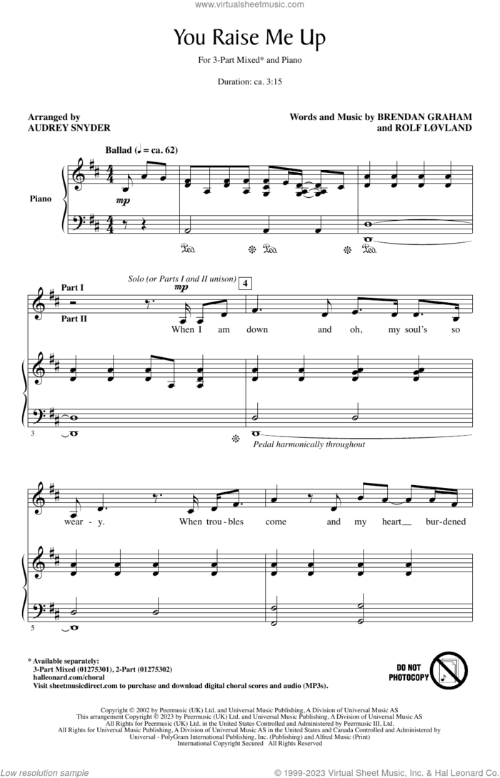 You Raise Me Up (arr. Audrey Snyder) sheet music for choir (3-Part Mixed) by Brendan Graham, Audrey Snyder, Josh Groban, Brendan Graham and Rolf Lovland and Rolf Lovland, intermediate skill level