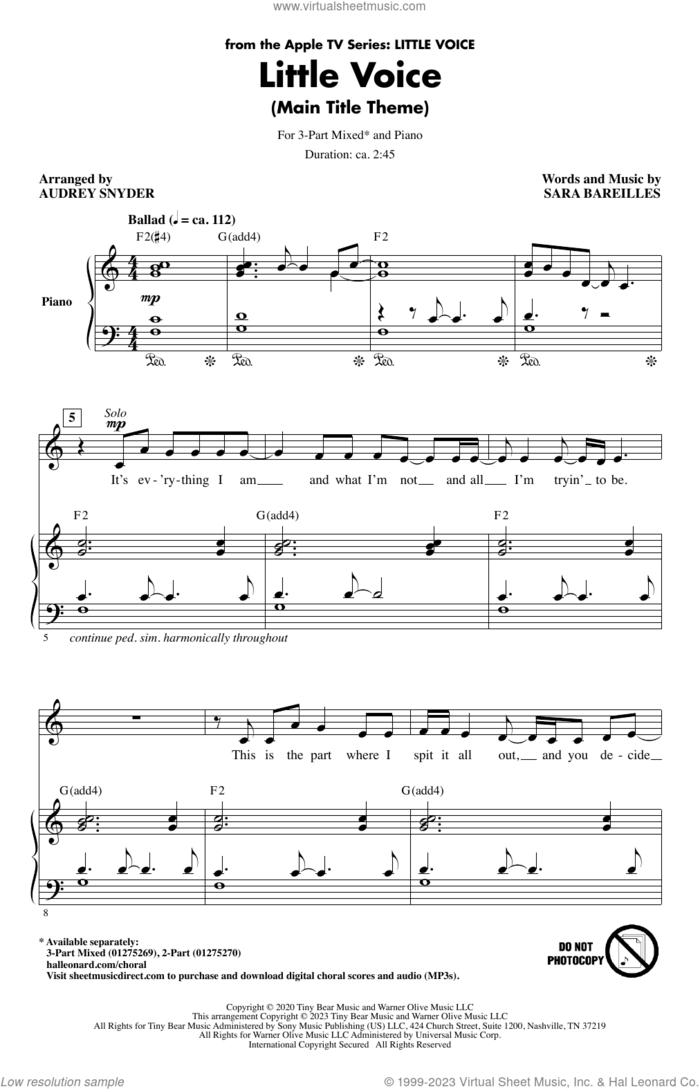 Little Voice - Main Title Theme (arr. Audrey Snyder) sheet music for choir (3-Part Mixed) by Sara Bareilles and Audrey Snyder, intermediate skill level