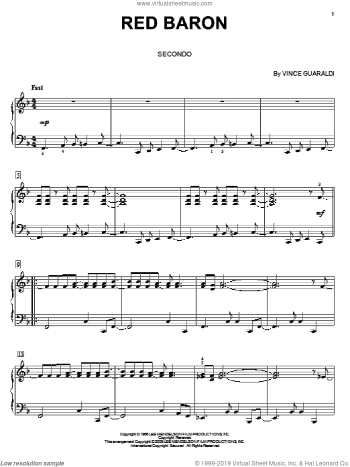 Red Baron sheet music for piano four hands by Vince Guaraldi, intermediate skill level