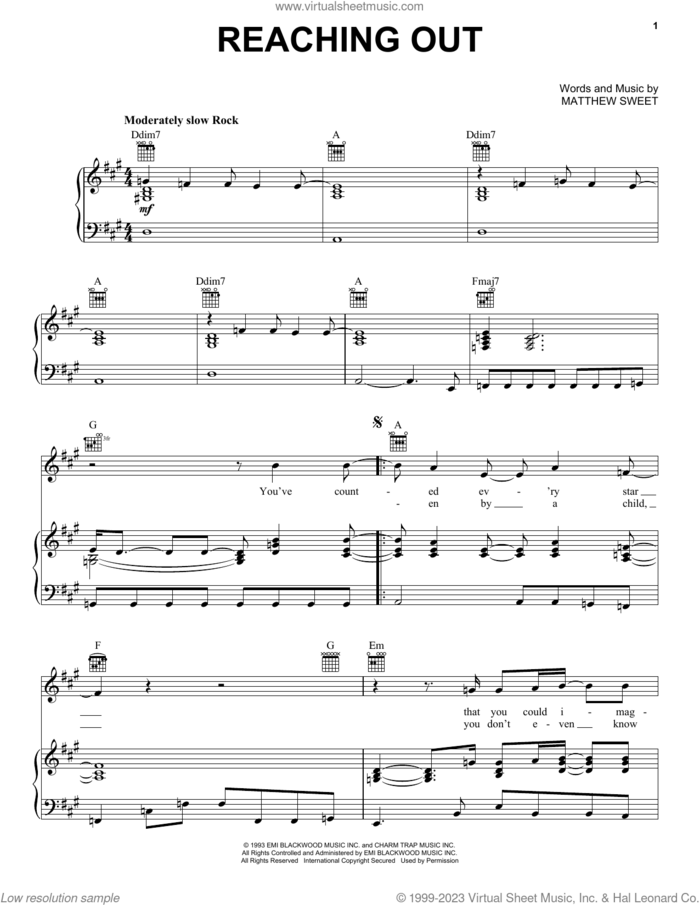 Reaching Out sheet music for voice, piano or guitar by Matthew Sweet, intermediate skill level