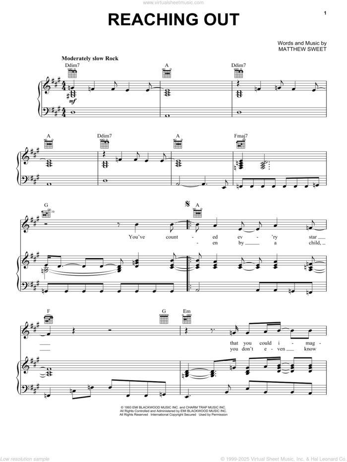 Reaching Out sheet music for voice, piano or guitar by Matthew Sweet, intermediate skill level