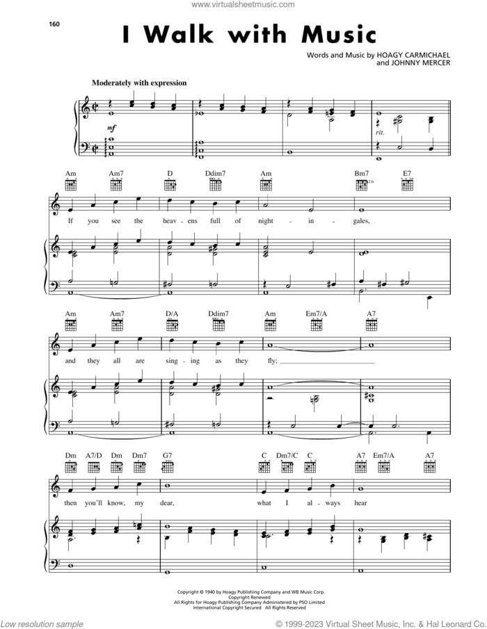 I Walk With Music sheet music for voice, piano or guitar by Johnny Mercer and Hoagy Carmichael, intermediate skill level