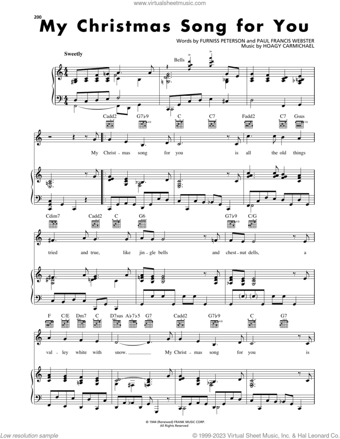 My Christmas Song For You sheet music for voice, piano or guitar by Hoagy Carmichael, Furniss Peterson and Paul Francis Webster, intermediate skill level