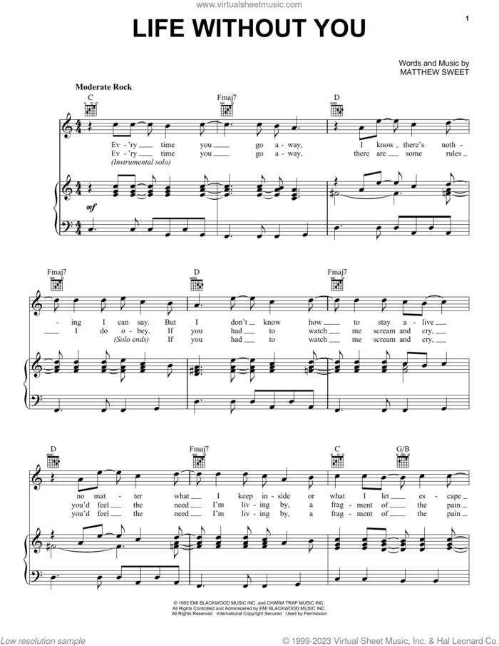 Life Without You sheet music for voice, piano or guitar by Matthew Sweet, intermediate skill level