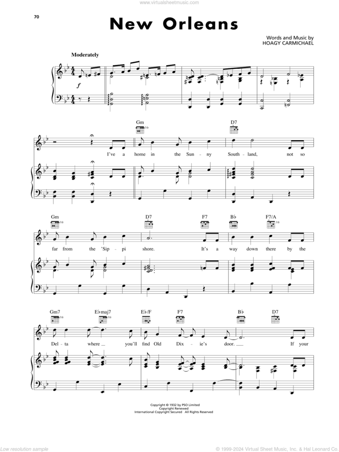 New Orleans sheet music for voice, piano or guitar by Hoagy Carmichael, intermediate skill level