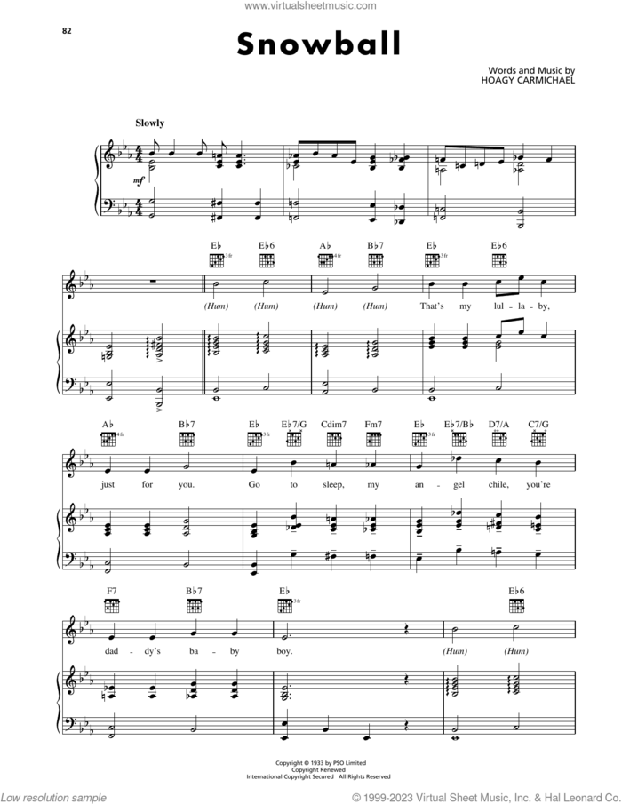 Snowball sheet music for voice, piano or guitar by Hoagy Carmichael, intermediate skill level