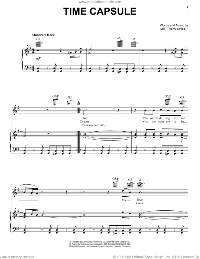 Time Capsule sheet music for voice, piano or guitar by Matthew Sweet, intermediate skill level