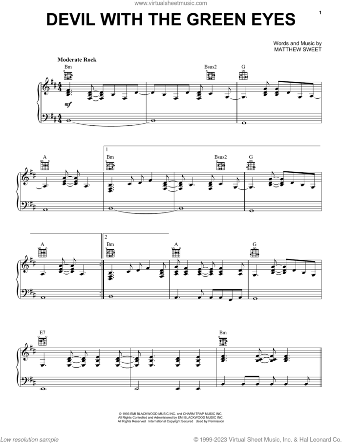 Devil With The Green Eyes sheet music for voice, piano or guitar by Matthew Sweet, intermediate skill level