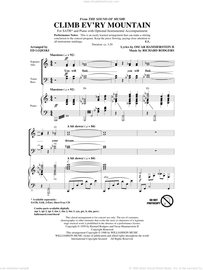 Climb Ev'ry Mountain sheet music for choir (SATB: soprano, alto, tenor, bass) by Richard Rodgers, Oscar II Hammerstein and Ed Lojeski, intermediate skill level