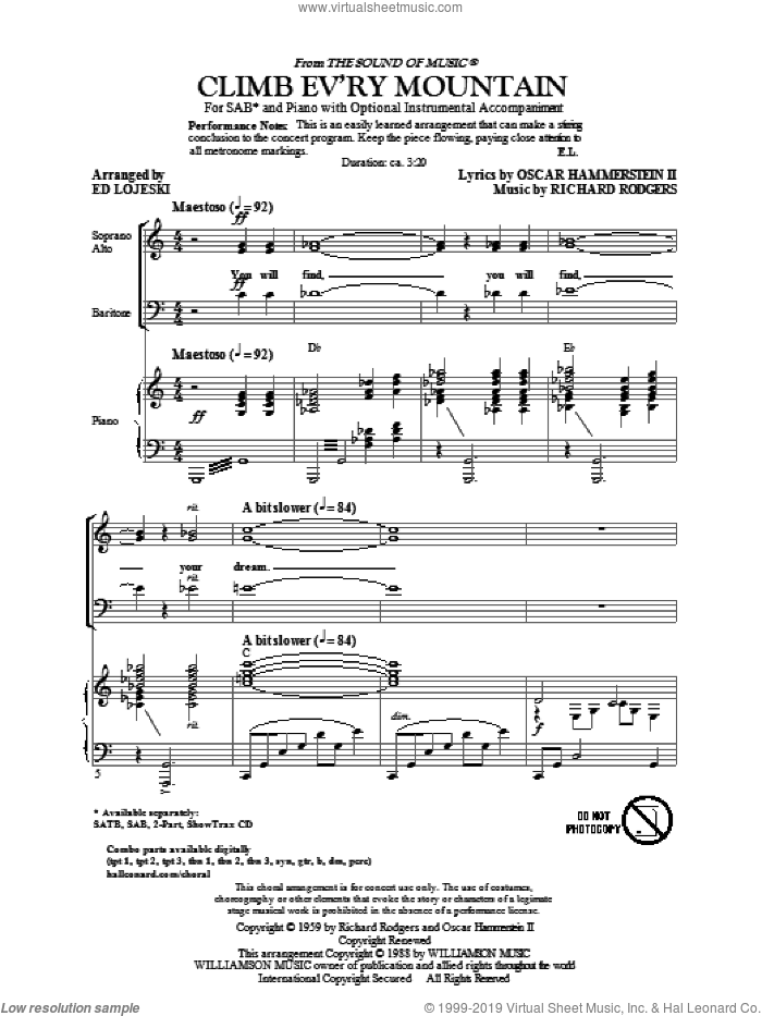 Climb Ev'ry Mountain (from The Sound Of Music) (arr. Ed Lojeski) sheet music for choir (SAB: soprano, alto, bass) by Richard Rodgers, Oscar II Hammerstein, Ed Lojeski and Rodgers & Hammerstein, intermediate skill level