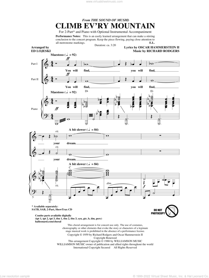 Climb Ev'ry Mountain (from The Sound Of Music) (arr. Ed Lojeski) sheet music for choir (2-Part) by Richard Rodgers, Oscar II Hammerstein, Ed Lojeski and Rodgers & Hammerstein, intermediate duet