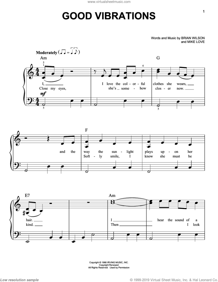 Good Vibrations sheet music for piano solo by The Beach Boys, Brian Wilson and Mike Love, easy skill level