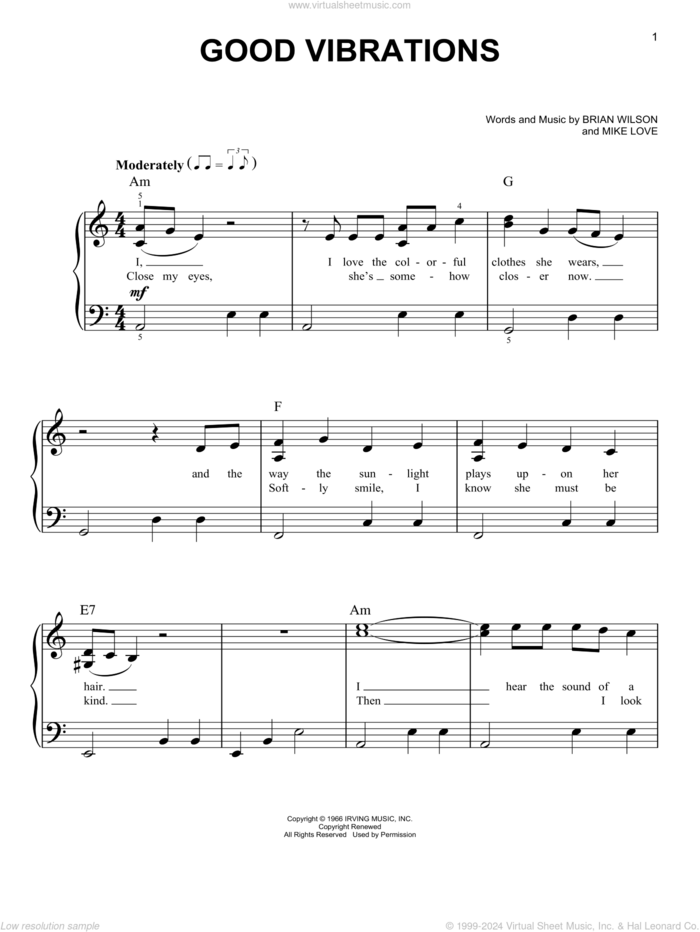 Good Vibrations, (easy) sheet music for piano solo by The Beach Boys, Brian Wilson and Mike Love, easy skill level