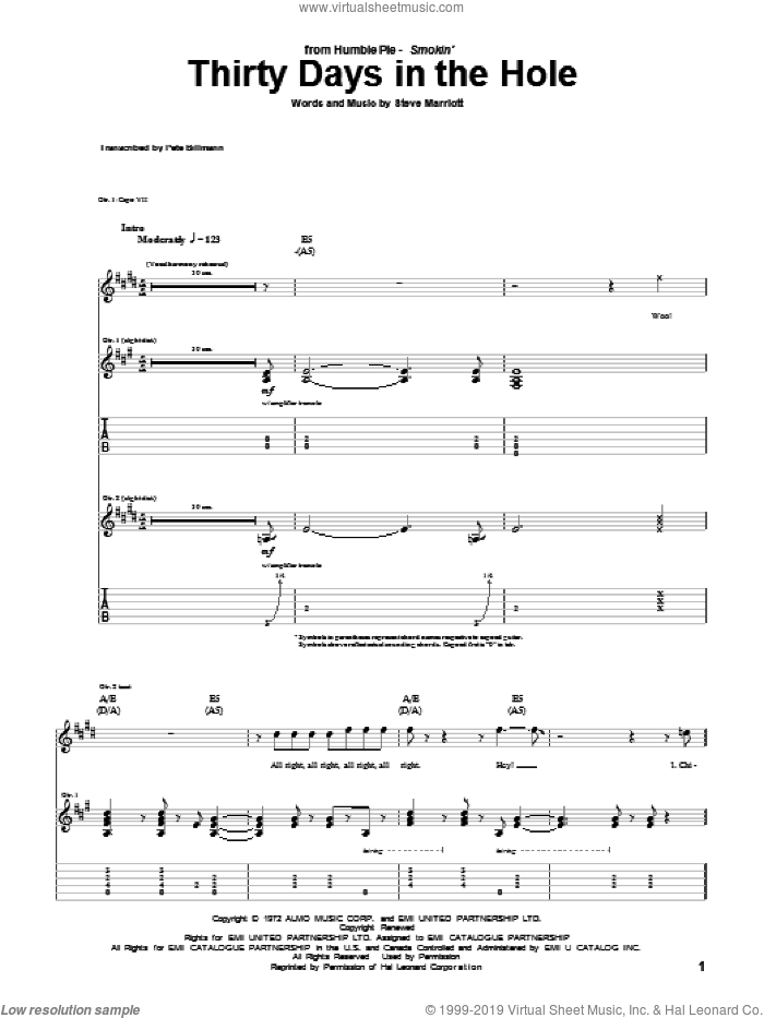 Thirty Days In The Hole sheet music for guitar (tablature) by Humble Pie and Steve Marriott, intermediate skill level