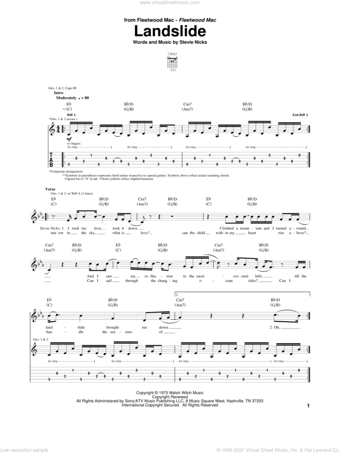 Landslide sheet music for guitar (tablature) by Fleetwood Mac and Stevie Nicks, intermediate skill level