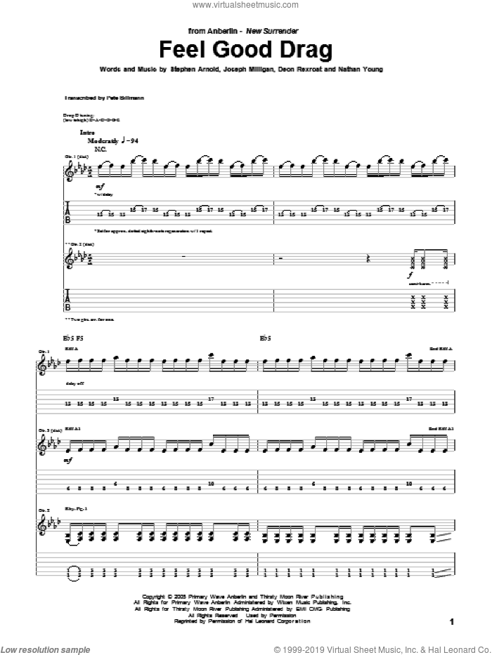 Feel Good Drag sheet music for guitar (tablature) by Anberlin, Deon Rexroat, Joseph Milligan, Nathan Young and Stephen Arnold, intermediate skill level