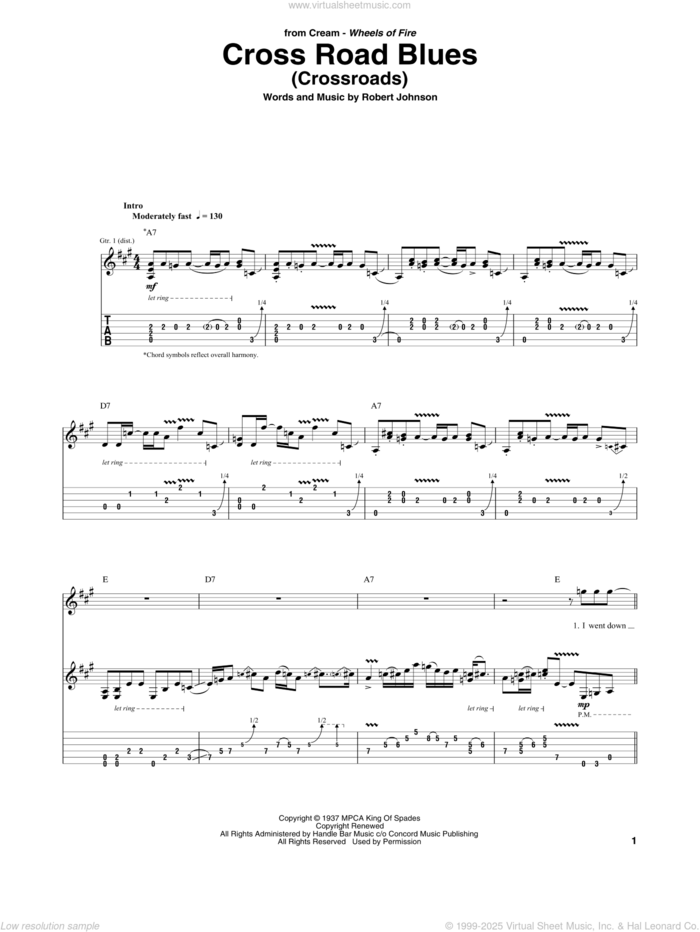 Cross Road Blues (Crossroads) sheet music for guitar (tablature) by Cream, Eric Clapton and Robert Johnson, intermediate skill level