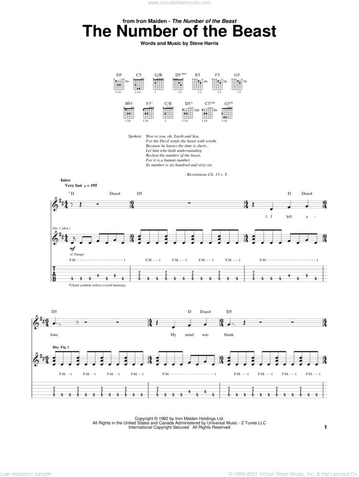 The Number Of The Beast sheet music for guitar (tablature) by Iron Maiden and Steve Harris, intermediate skill level