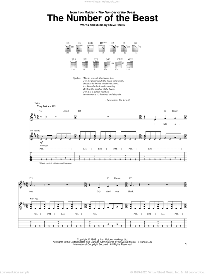 The Number Of The Beast sheet music for guitar (tablature) by Iron Maiden and Steve Harris, intermediate skill level