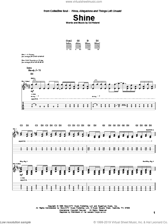 Shine sheet music for guitar (tablature) by Collective Soul and Ed Roland, intermediate skill level