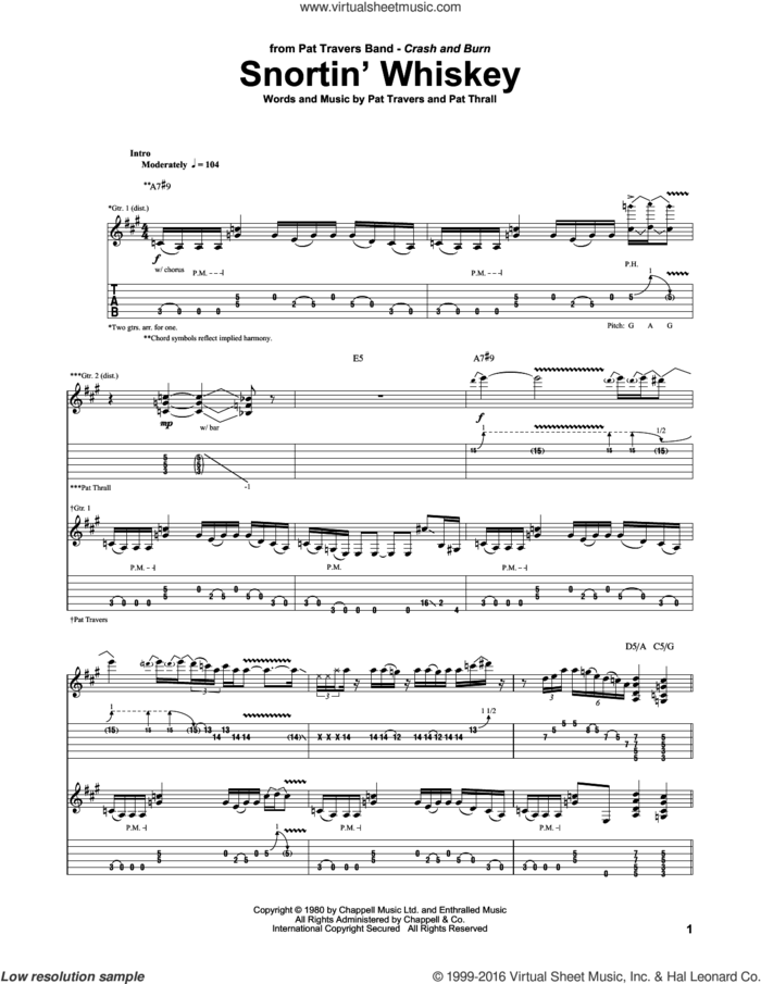 Snortin' Whiskey sheet music for guitar (tablature) by Pat Travers and Pat Thrall, intermediate skill level