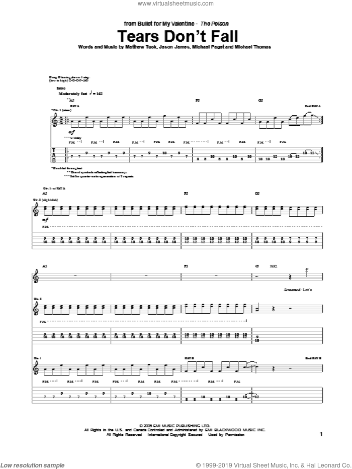 Tears Don't Fall sheet music for guitar (tablature) by Bullet For My Valentine, Jason James, Matthew Tuck, Michael Paget and Michael Thomas, intermediate skill level