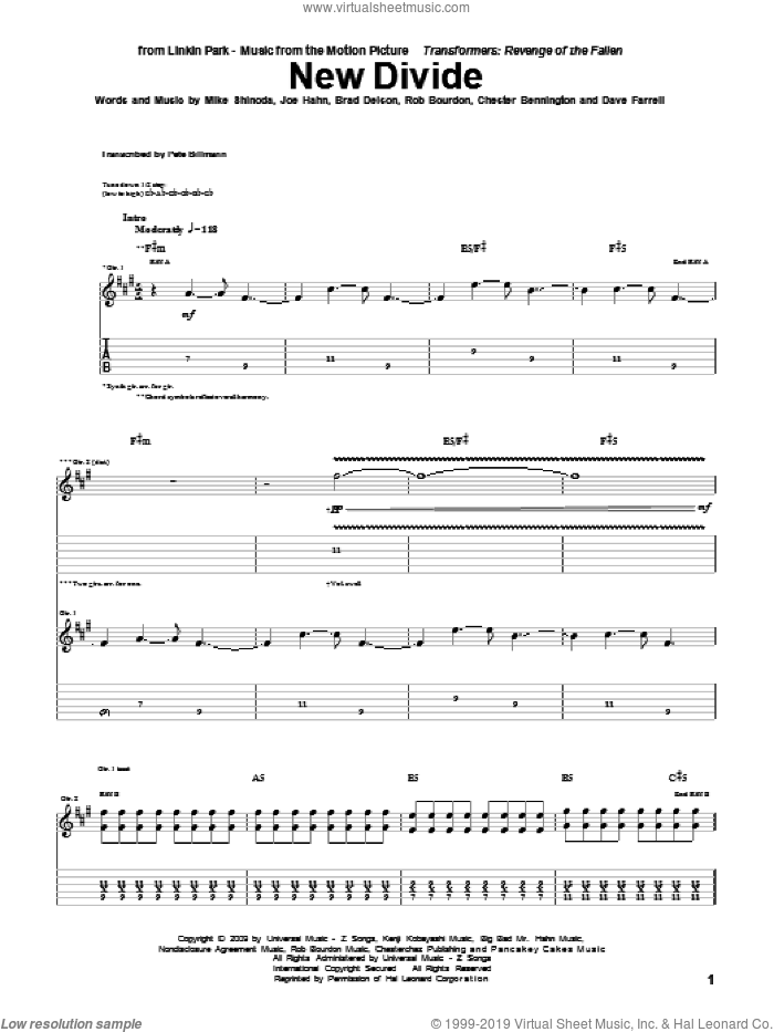 New Divide sheet music for guitar (tablature) by Linkin Park, Brad Delson, Chester Bennington, Dave Farrell, Joe Hahn, Mike Shinoda and Rob Bourdon, intermediate skill level