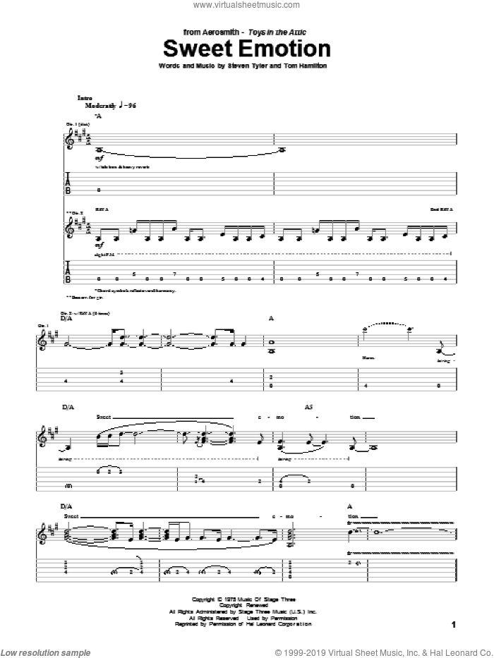 Sweet Emotion sheet music for guitar (tablature) by Aerosmith, Steven Tyler and Tom Hamilton, intermediate skill level