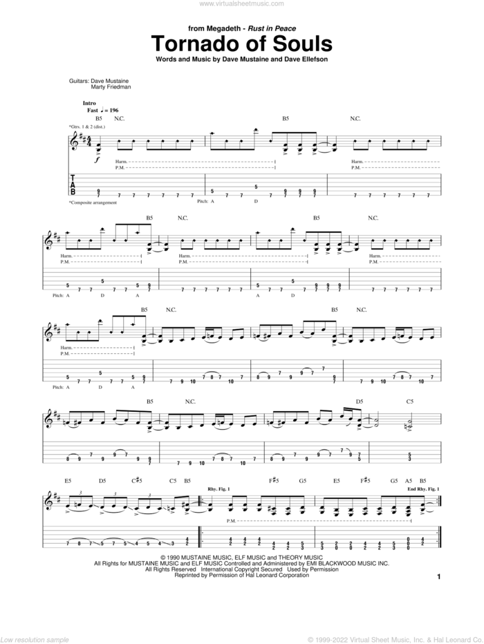 Tornado Of Souls sheet music for guitar (tablature) by Megadeth, Dave Ellefson and Dave Mustaine, intermediate skill level