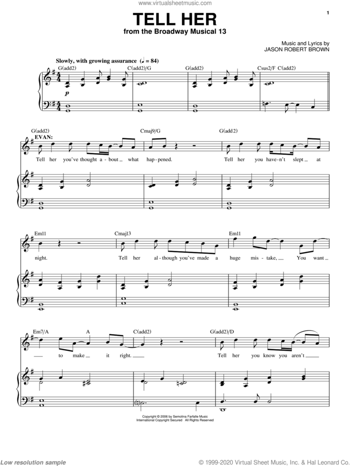 Tell Her (from 13: The Musical) sheet music for voice and piano by Jason Robert Brown and 13: The Musical, intermediate skill level
